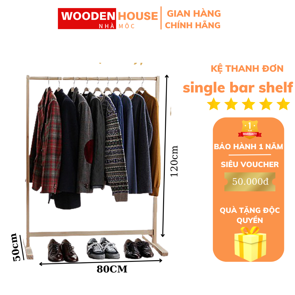 Kệ Treo Quần Áo Gỗ Wooden House, Giá Treo Quần Áo Lắp Ráp