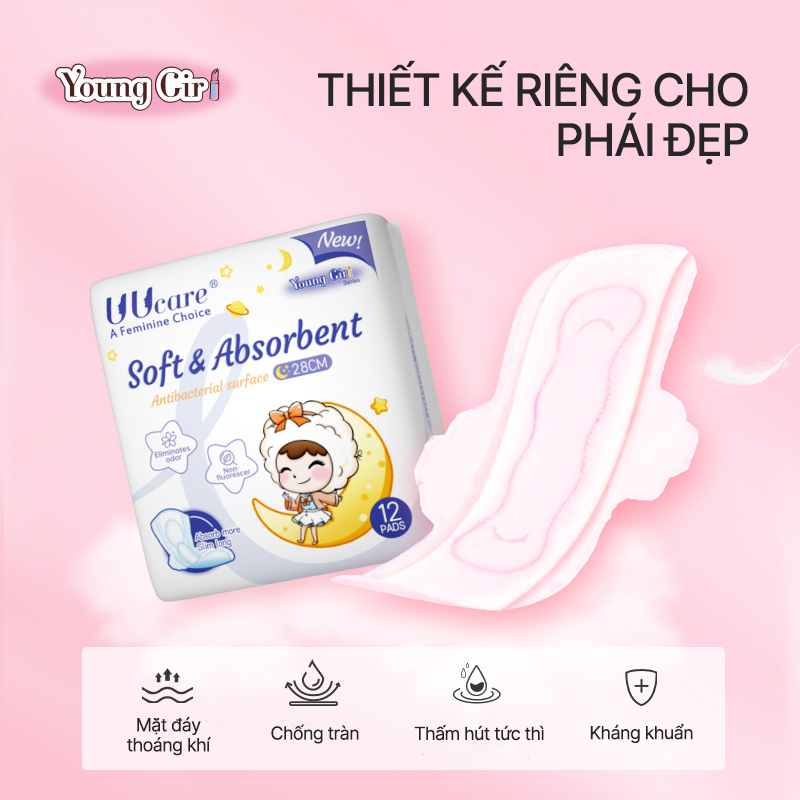 Băng Vệ Sinh UUcare Young Girl Kháng Khuẩn 28cm 12 Miếng Siêu Thấm Maxi Cánh