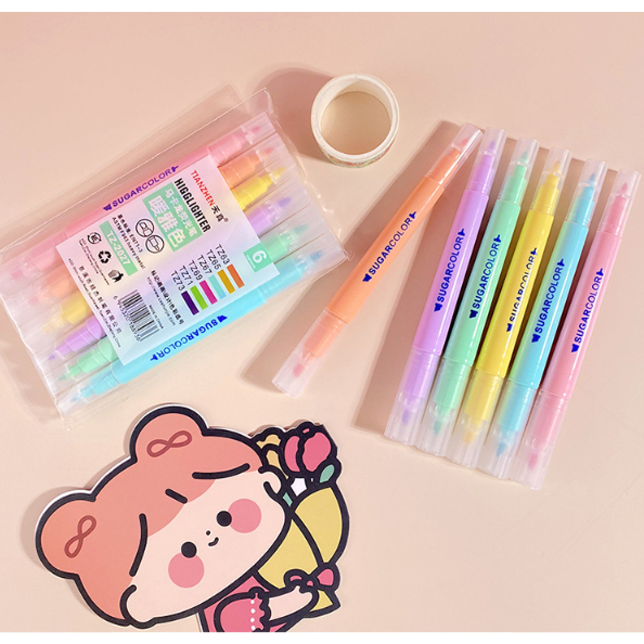 Bút dạ quang 6 màu highlight chữ sugar color, bút đánh dấu nhớ dòng cute nhiều màu Mimo