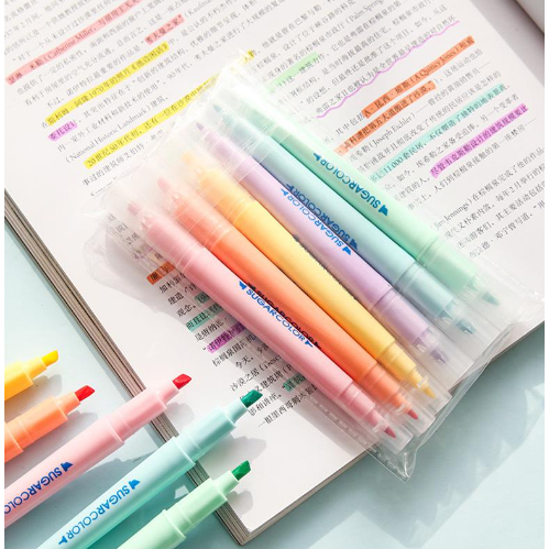 Bút dạ quang 6 màu highlight chữ sugar color, bút đánh dấu nhớ dòng cute nhiều màu Mimo