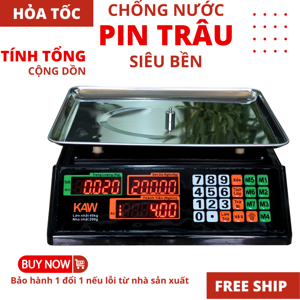 Cân Điện Tử Tính Tiền KAW 40KG TIẾNG VIỆT Giá Rẻ, Đèn Led Đỏ 2 Mặt Siêu Chuẩn Xác, Gọn Nhẹ, Tiện Lợi Dành Cho Gia Đình