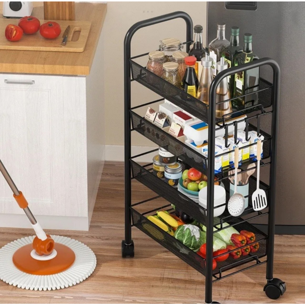 Kệ sắt 4 tầng nội thất INMAX sơn tĩnh điện, Xe đẩy spa 4 tầng đa năng lưới mắt cáo. Chân bánh xe xoa