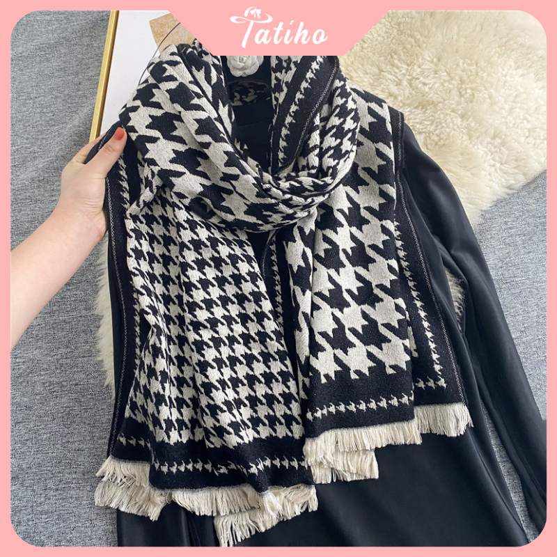 Khăn choàng cổ unisex nam nữ, Khăn cashmere họa tiết xương cá chất dày dặn phong cách basic thời trang thu đông - KLN27