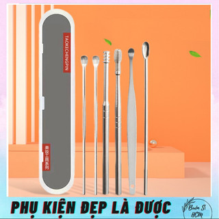 Hộp dụng cụ ráy tai 6 món cao cấp, bộ 6 cây ráy tai inox đầu xoắn, đầu dẹt nhiều kích thước giúp vệ sinh tai hiệu quả