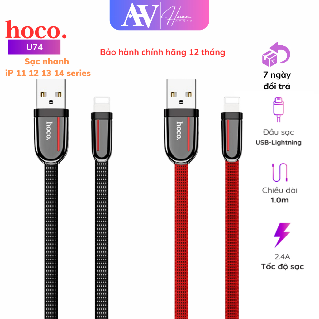 Cáp sạc nhanh Hoco U74 Grand, dây sạc nhanh 2.4A dài 1.2m, hỗ trợ sạc và truyền dữ liệu, vỏ bọc dù, bảo hành 1 đổi 1