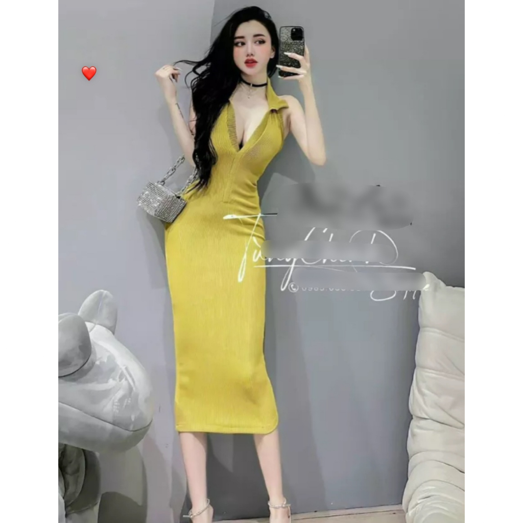Đầm body nữ đi chơi đi quẩy kiểu trơn ba lỗ dáng dài midi chất thun gân cổ bẻ xinh hot