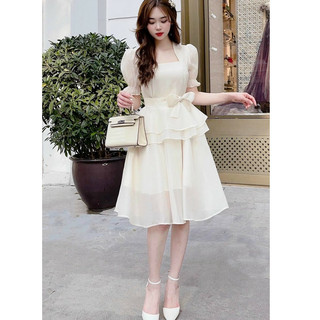 Đầm tay phồng ôm eo thắt nơ dáng xòe xếp tầng xinh đẹp quý phái