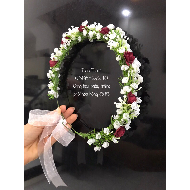 Vòng hoa đội đầu Nàng Thơ hoa hồng phối hoa bi trắng nhẹ nhàng, tinh khiết