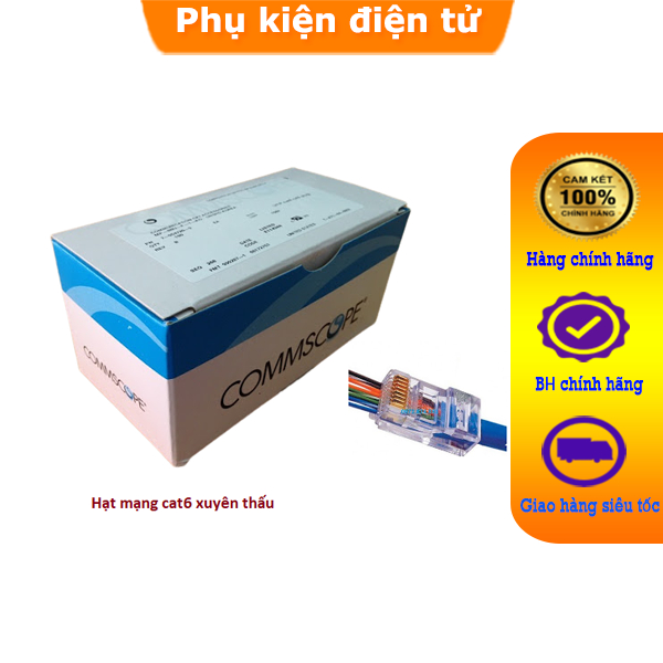 Đầu bấm xuyên thấu CAT5, CAT6 Commscope (hộp 100 đầu) Chân đồng dầy mạ vàng loại tốt