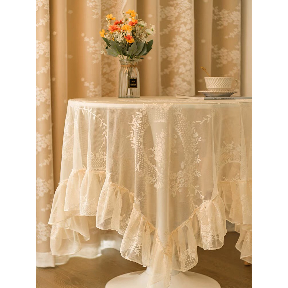 Khăn trải bàn voan ren trắng dệt tròn có viền phong cách Vintage nhiều kích thước trang trí, decor nhà cửa, phòng ngủ