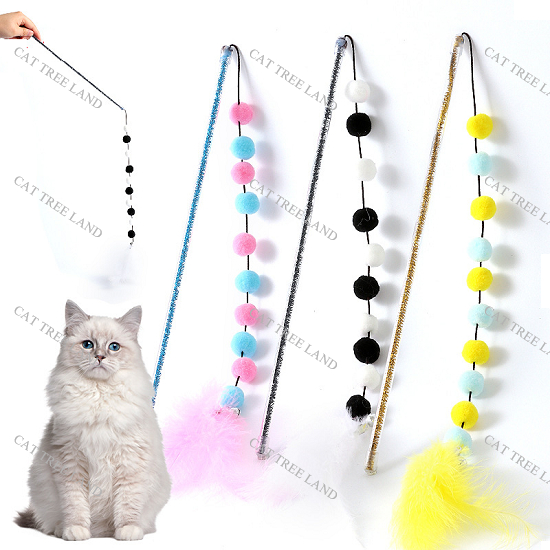 CẦN CÂU MÈO VỜN BẮT, CÓ LÔNG VŨ, CHUÔNG LỤC LẠC, BÓNG POMPOM NHIỀU MÀU SẮC - ĐỒ CHƠI CHÓ MÈO