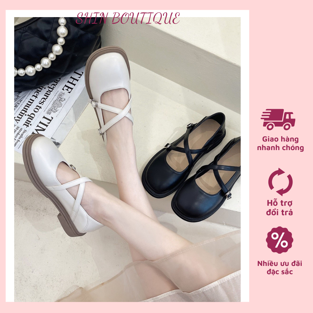 Giày búp bê lolita, giày sục hở gót dây đan chéo