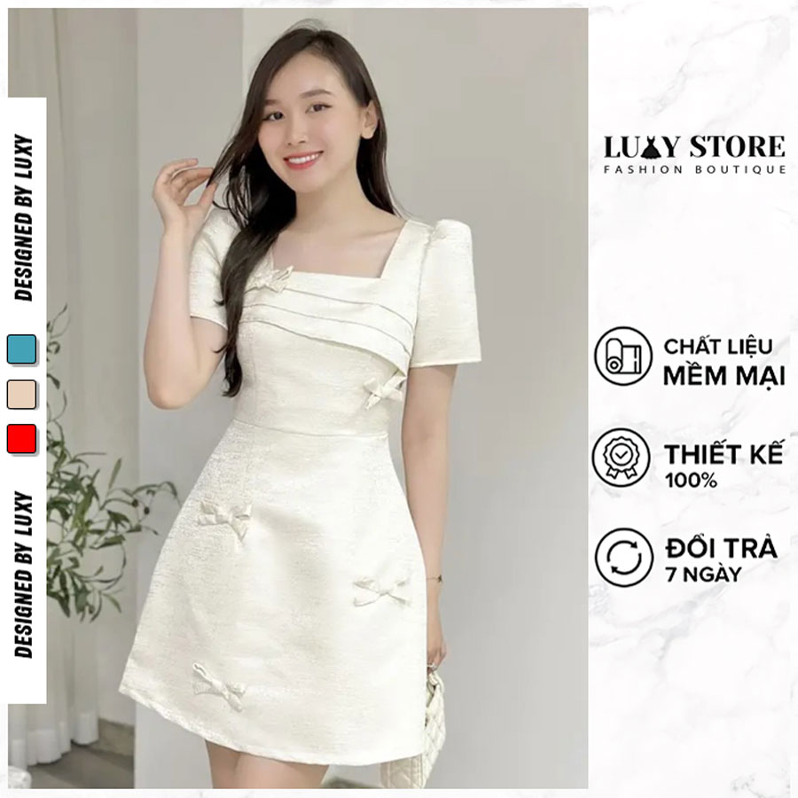 Váy Thiết Kế Luxy V457 Vải Tafta Vân Gỗ Cao Cấp Cổ Vuông Tay Phồng