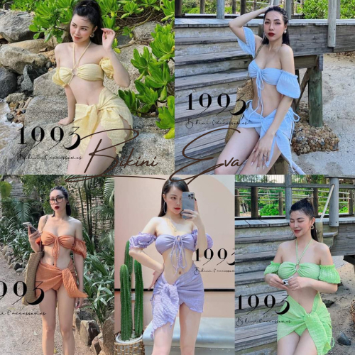 Set bikini bộ bơi đồ bơi nữ đi biển cúp ngực phối khoen tay phồng kèm khăn quấn EVA S3MTBK