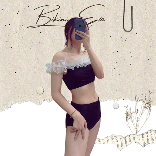 Bikini bộ bơi đồ bơi đi biển 2 mảnh phối lưới trắng trễ vai dễ thương (màu đen) EVA 2MCC