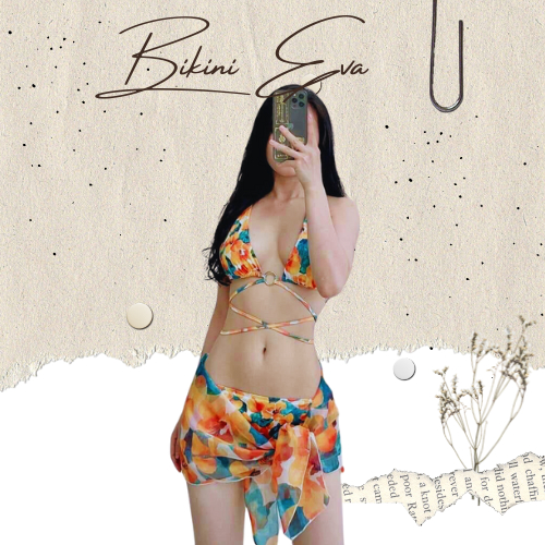 Bikini bộ bơi đồ bơi đi biển nữ tam giác hoạ tiết hoa cam kèm khăn voan siêu sang EVA SHOP S3MTGHC