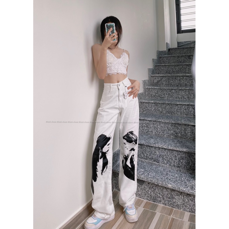 Quần Jeans Ống Rộng In Hình Cá Tính ,Ống Suông,Ống Rộng
