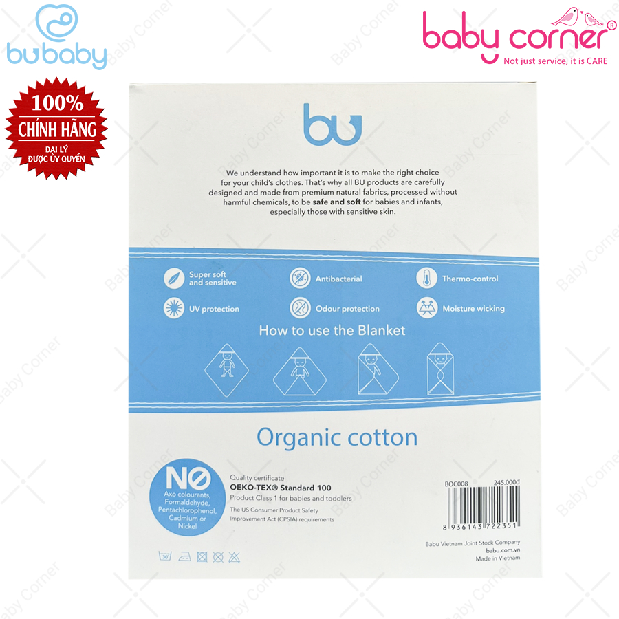 Chăn Ủ/ Khăn Choàng Có Mũ Bu Baby Hooded Blanket Màu Hồng Cho Bé Sơ Sinh