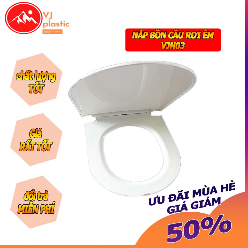 VJN03 Nắp Bồn Cầu Nhựa Trắng rơi êm hình chữ U dùng cho bồn cầu liền khối, ốc gắn bằng inox siêu bền