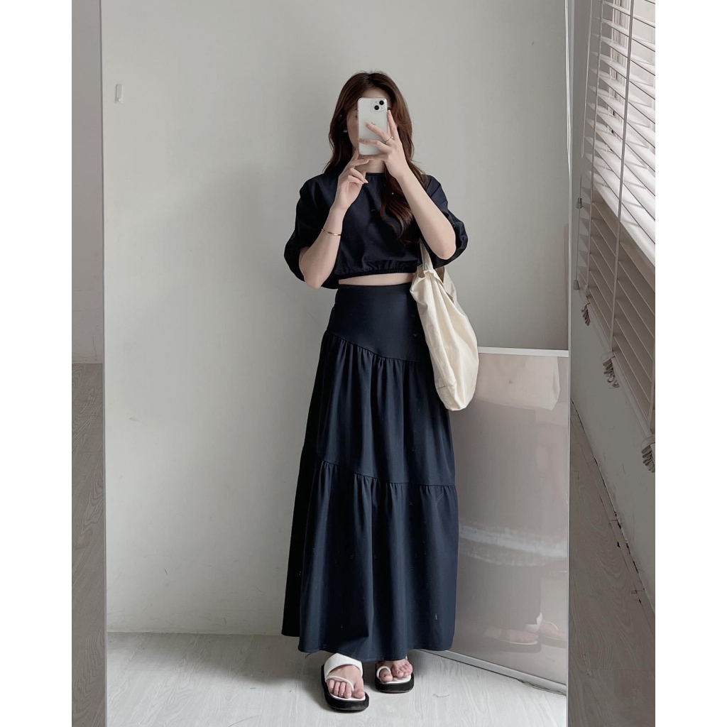 Sét áo croptop tay bồng và chân váy lưng chun dáng dài - 247Store.vn - Set070