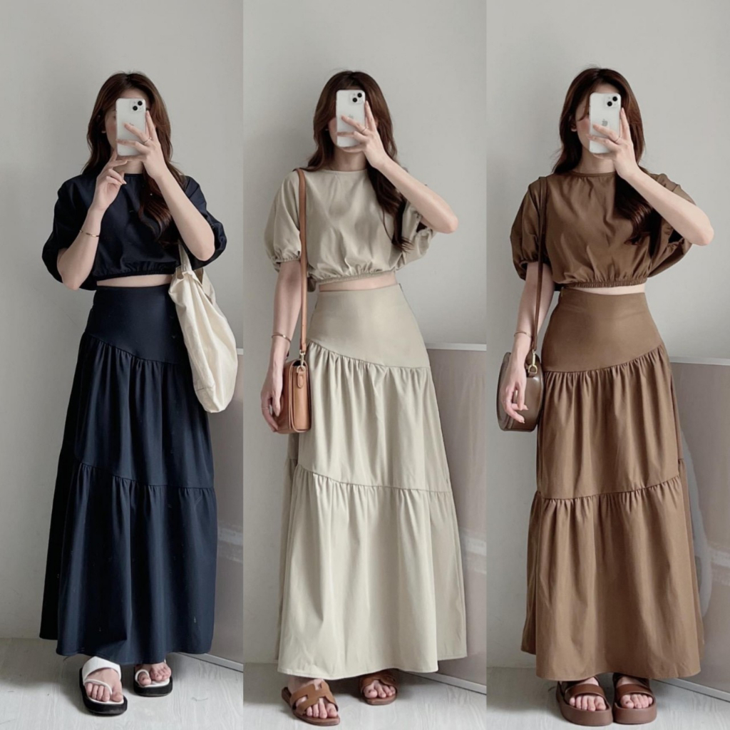 Sét áo croptop tay bồng và chân váy lưng chun dáng dài - 247Store.vn - Set070