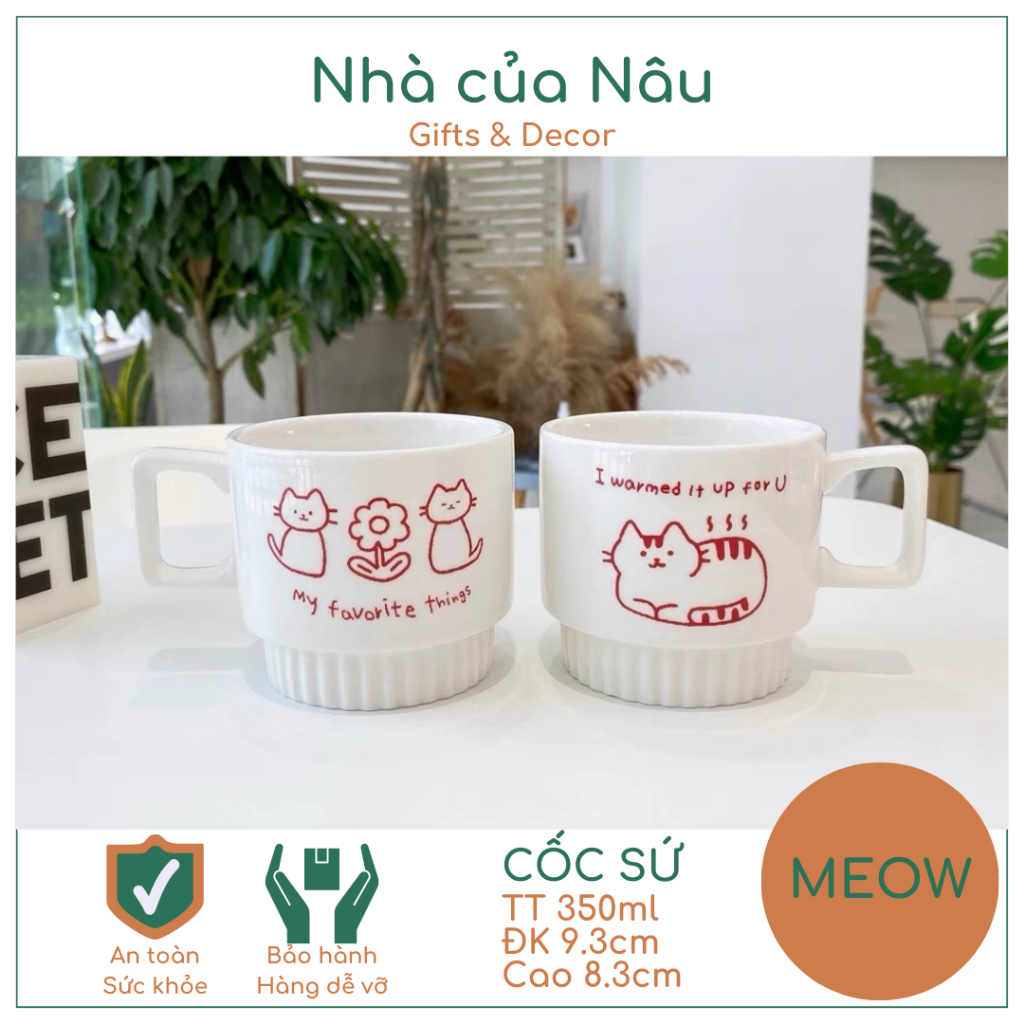 Quà tặng - Cốc Đôi sứ có quai cầm Mèo Meow phù hợp làm quà cưới, tặng kỉ niệm, quà valentine, sinh nhật uống trà, cafe