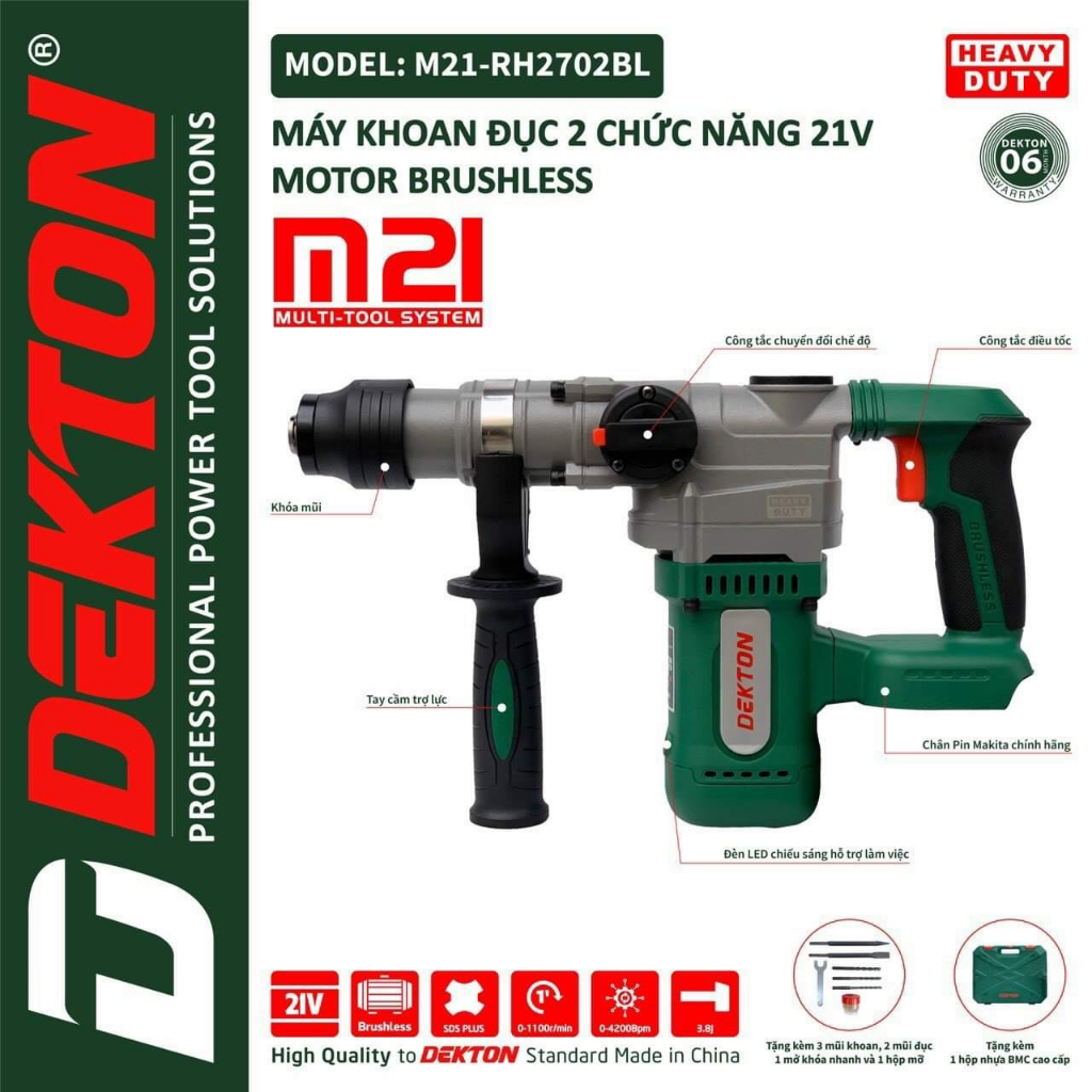 Máy Khoan Bê Tông Dùng Pin Dekton M21-RH2702BL - 2 Chức Năng - Motor Brushless - Chân Pin Phổ Thông