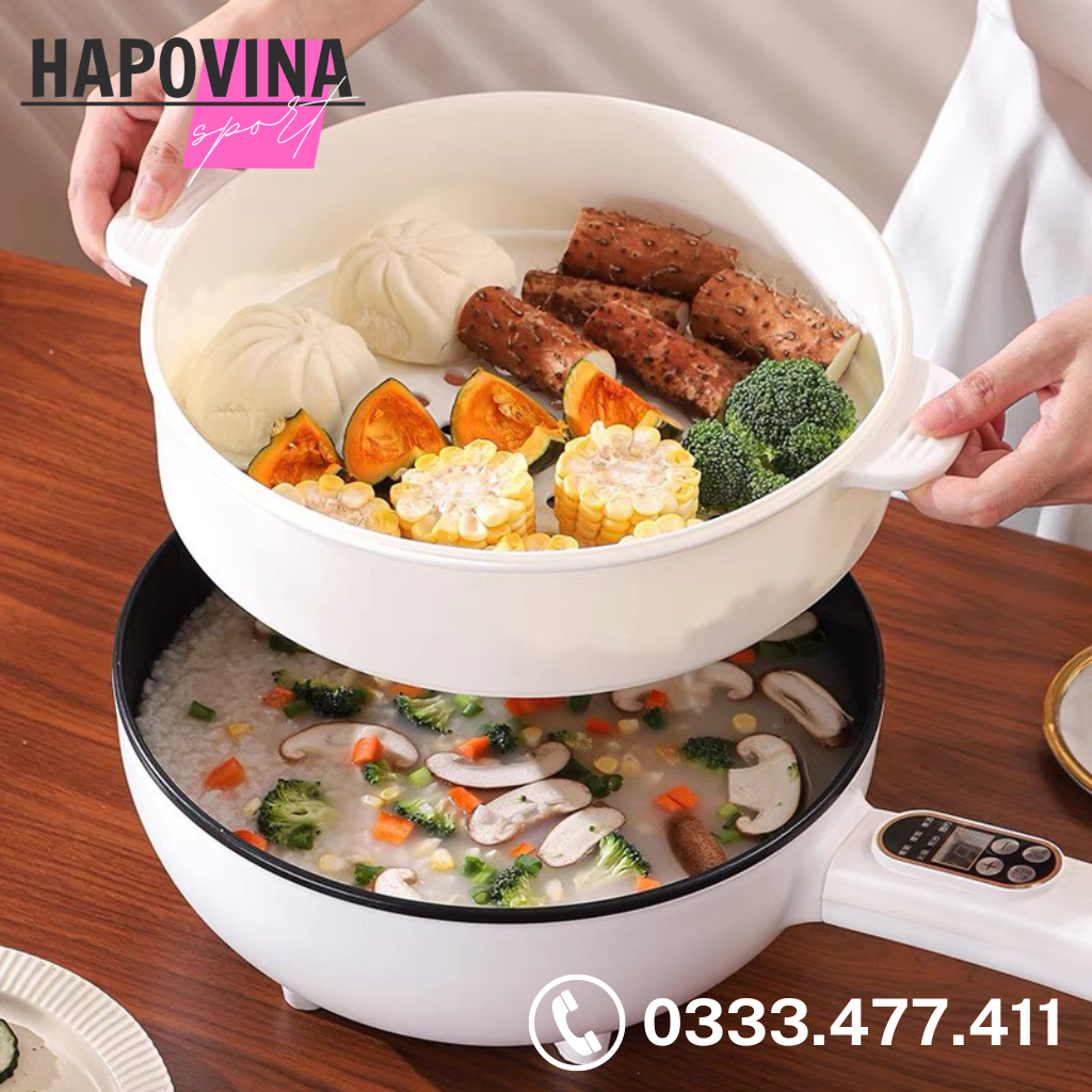 Chảo điện đa năng chống dính dung tích 4-6L kèm vỉ hấp, Nồi điện thông minh nấu, lẩu, chiên rán