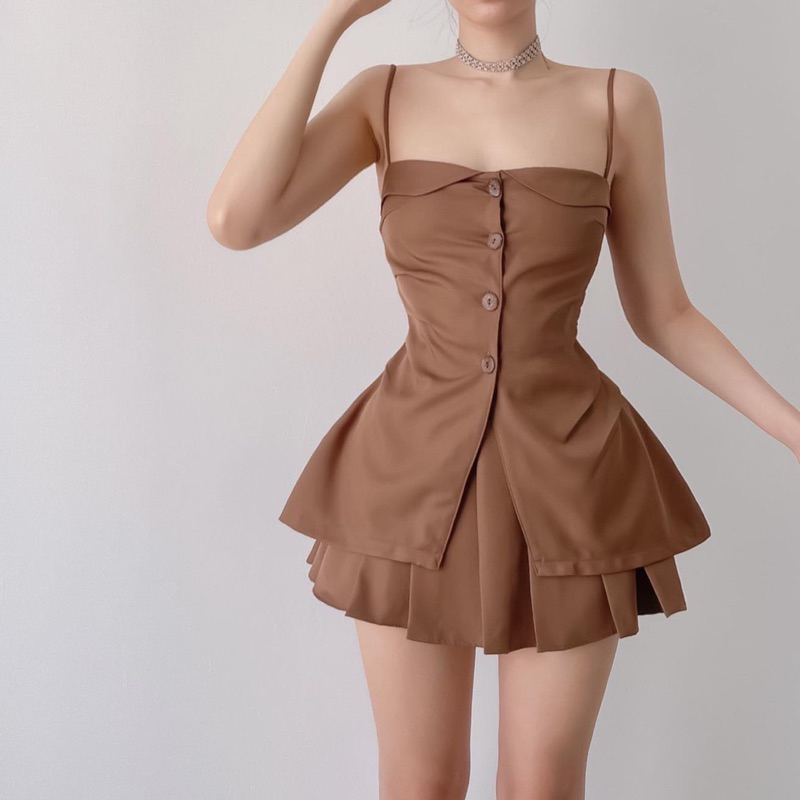 SET ÁO HAI DÂY ĐÍNH NÚT PHỐI CHÂN VÁY XẾP LI, SET BỘ DỰ TIỆC