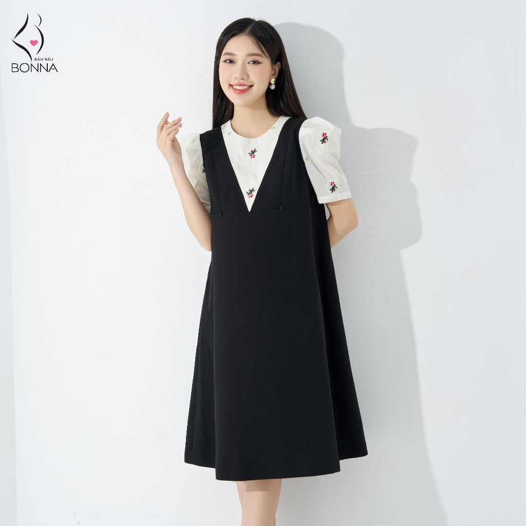 Đầm bầu công sở BONNA dáng suông A thanh lịch, chất liệu tuytsi cao cấp phối đũi thêu hoa có khóa mở cho bé ti VS346