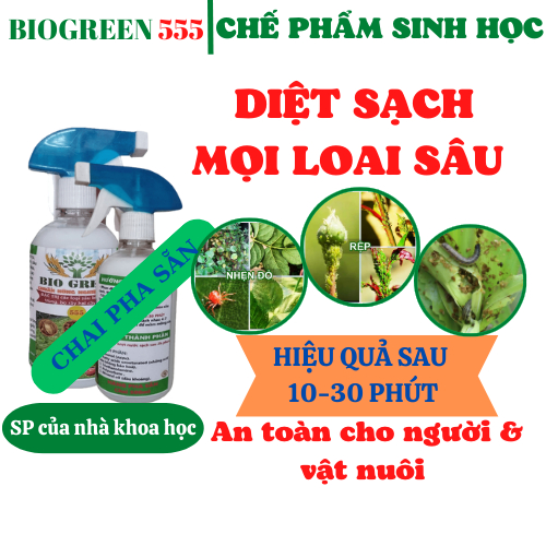 Chế phẩm sinh học pha sẵn dạng xịt BIOGREEN 555 chuyên cho sâu bọ rầy côn trùng kiến hại cây rau,hoa,cây cảnh, dâu