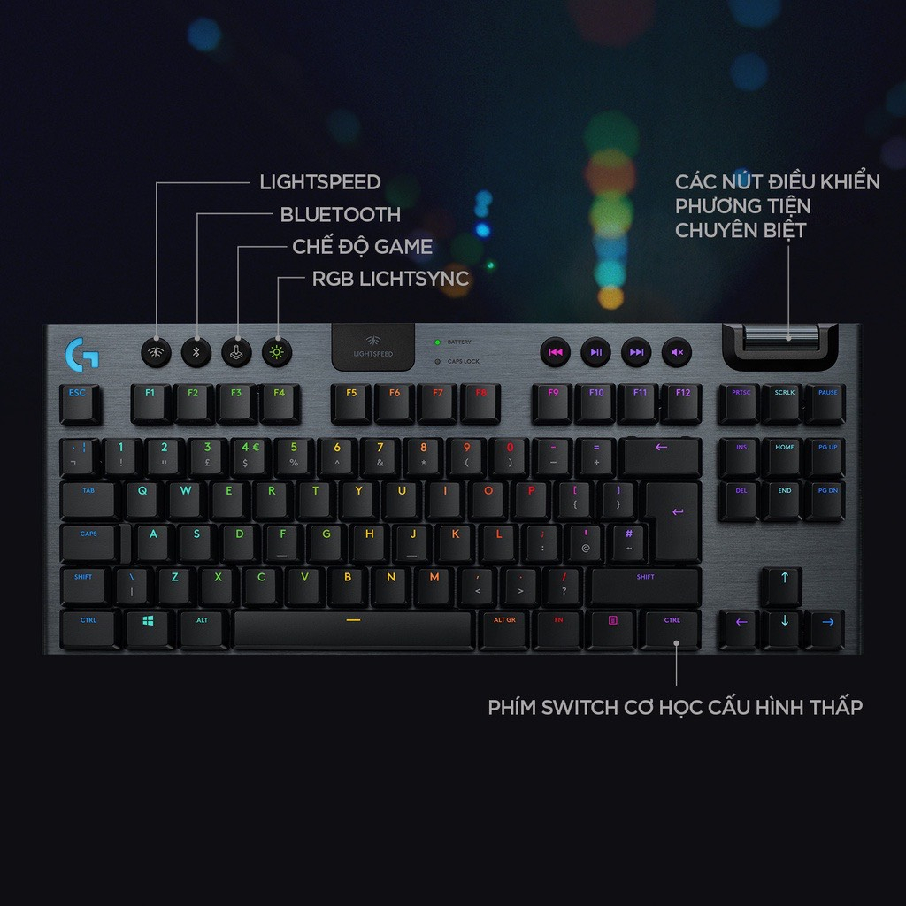 Bàn phím cơ gaming không dây Logitech G913 TKL - Không phím số, Bluetooth/USB, RGB