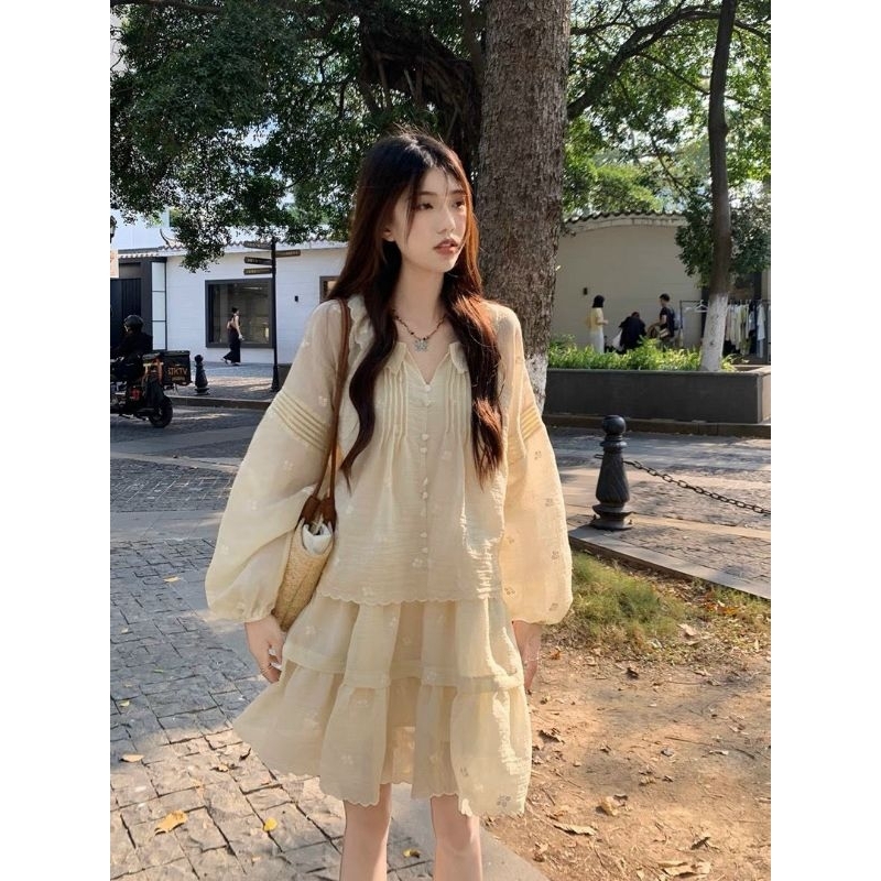 Set tơ voan nhăn rời HuAh 2 món áo babydoll bèo cúc tim kèm chân váy ngắn xòe tầng 2 lớp ulzzang tiểu thư HQ - Ảnh thật