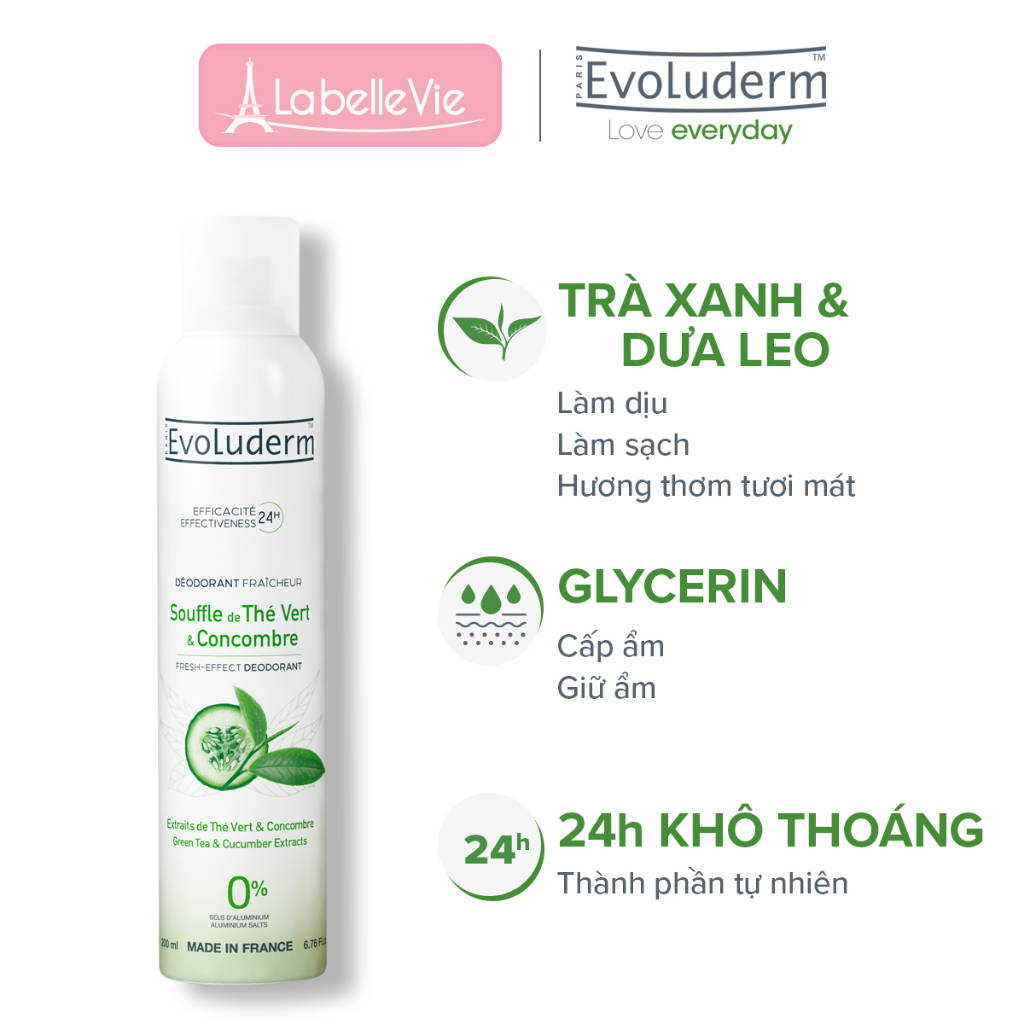 Xịt khử mùi toàn thân Evoluderm chiết xuất Trà Xanh và Dưa Leo ngăn khuẩn gây mùi suốt 24h - 200ml