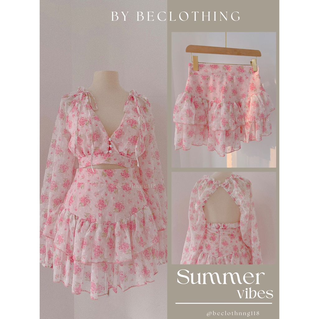 Set croptop hoa khoét lưng + chân váy
