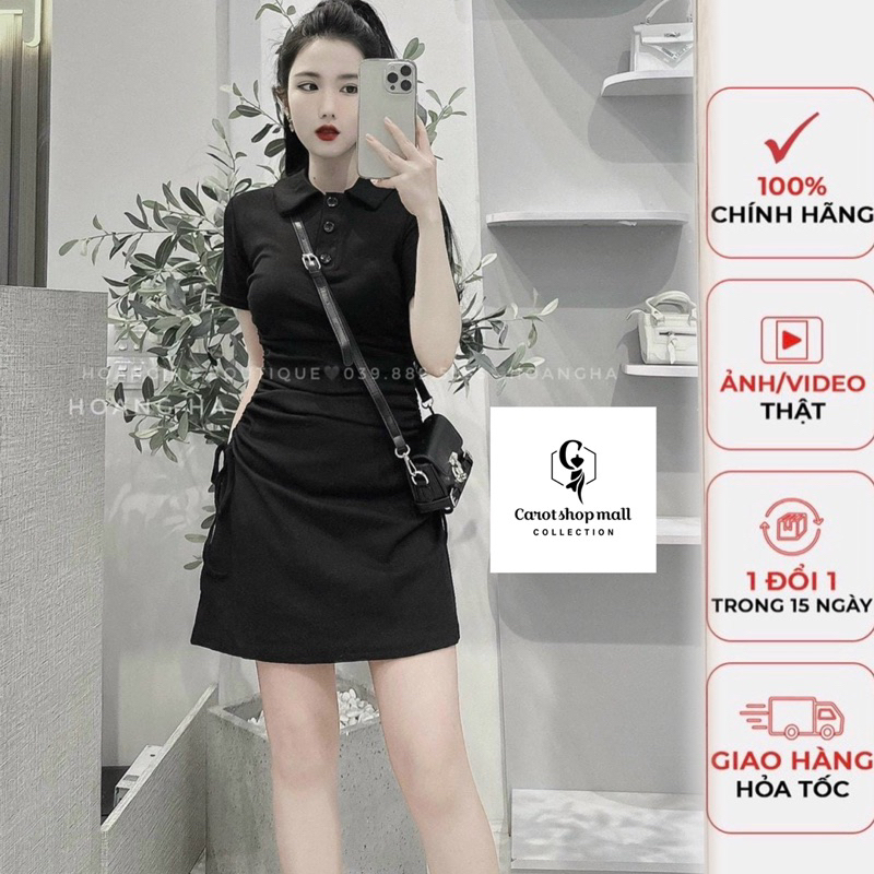 Đầm sơ mi nút dây rút 2 bên (thun gân) - CarotShop