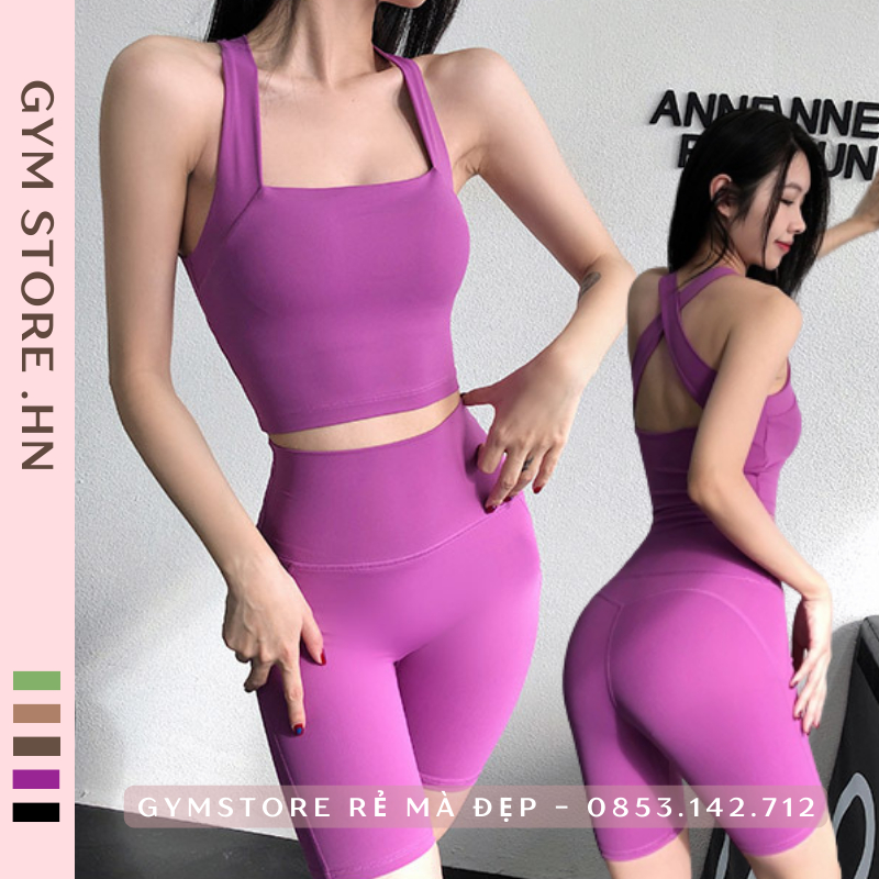 Set Bộ Đồ Tập Gym Yoga Thể Thao Nữ Cao Cấp Áo Bra croptop Hai Dây Kèm Mút Quần Biker Cạp Cao Gen Bụng Nâng Mông 151
