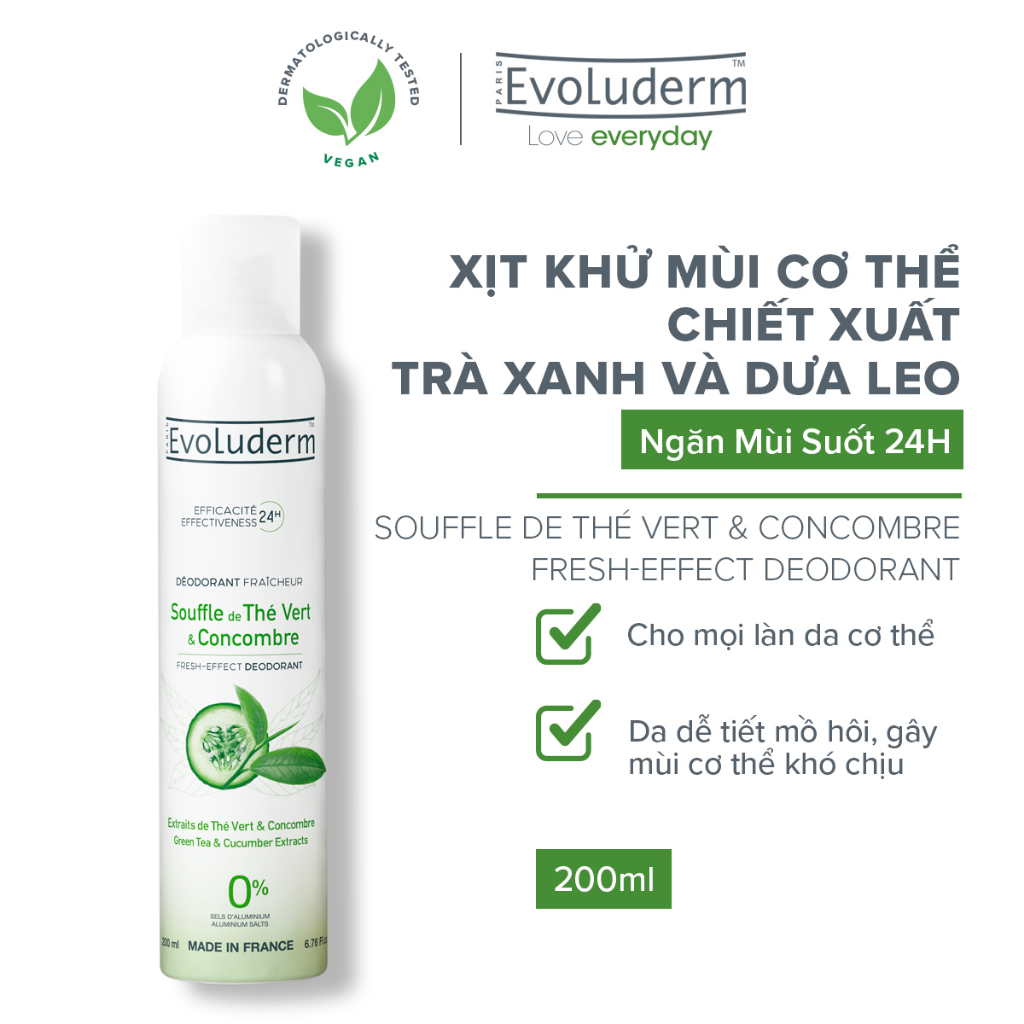 Xịt khử mùi toàn thân Evoluderm chiết xuất Trà Xanh và Dưa Leo ngăn khuẩn gây mùi suốt 24h - 200ml (20377)