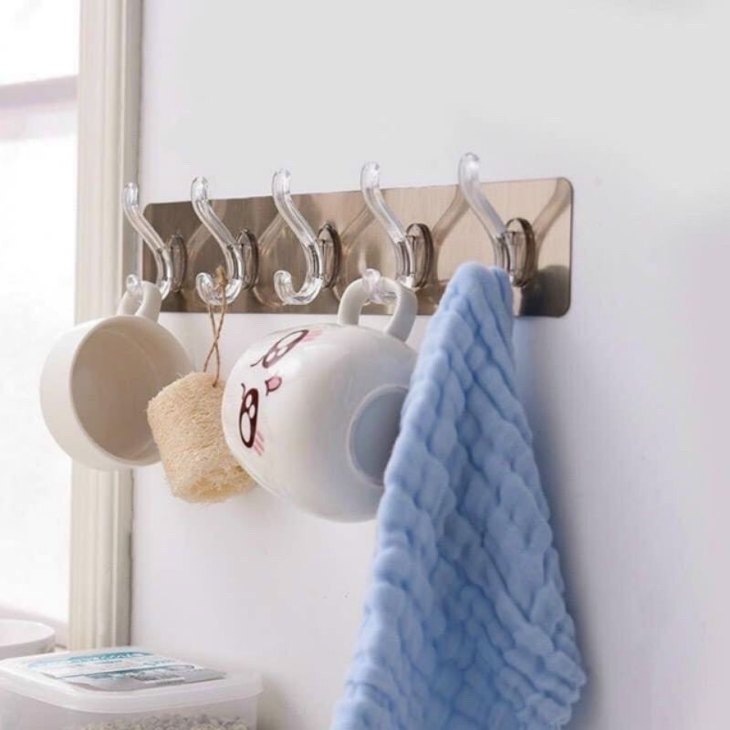 Móc treo đồ dán tường 6 thanh bảng inox dày xịn hàng loại 1, thanh treo 6 móc loại dày xịn