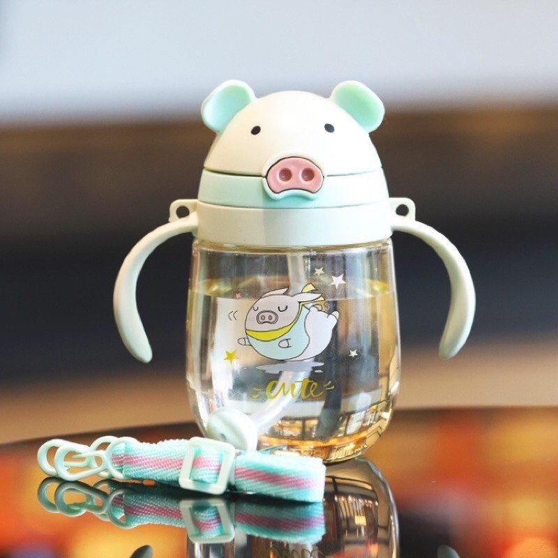 Bình tập uống nước, cốc tập uống nước cho bé hình con heo 350ml BQSHOP
