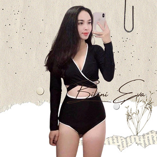 Bikini bộ bơi đồ bơi nữ tay dài chéo ngực phối quần lưng cao viền trắng EVA TDCN