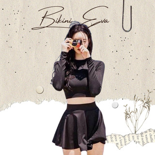 Bikini bộ bơi nữ áo tay dài croptop đen trơn phối váy kín đáo sang trọng (màu đen) EVA SHOP TDVX