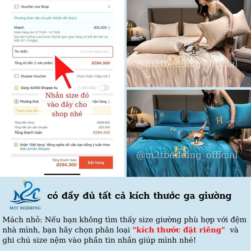 Bộ chăn ga gối Phi Lụa Chữ H chăn chần bông M2T BEDDING LUXURY hàng cao cấp - Chăn kèm ruột