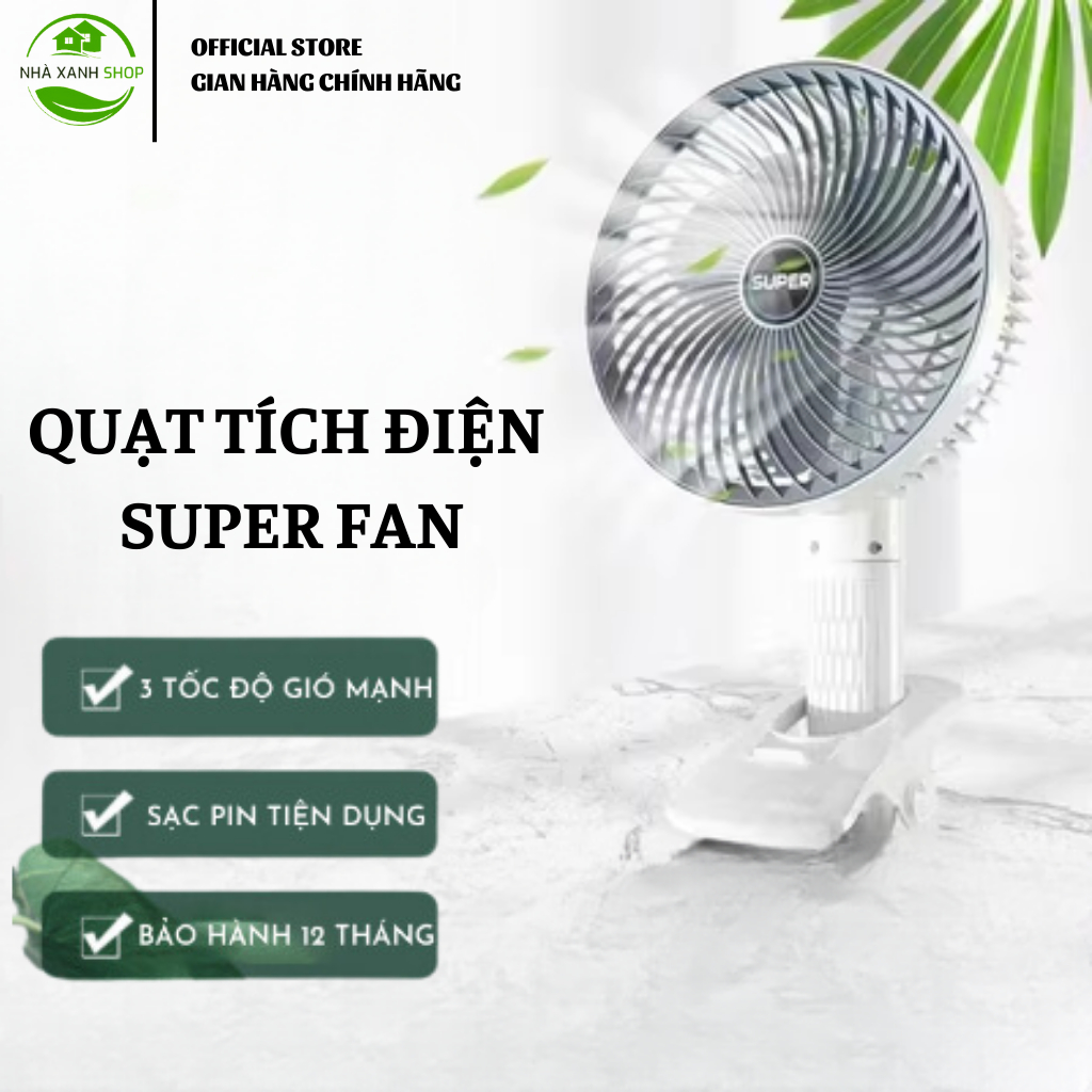 Quạt tích điện để bàn mini Super, quạt kẹp bàn, quạt cầm tay gấp gọn 3 tốc độ xoay 360 độ sạc USB, bảo hành 12 tháng