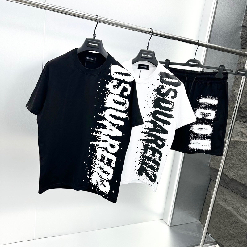 Bộ đồ nam cộc tay mặc hè in chữ DSQ2 ICON graffiti vảy sơn dọc áo chất vải cotton cao cấp thoáng mát BH23P