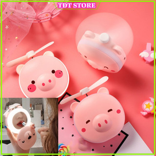 Quạt gương cầm tay mini có đèn led hình heo cute