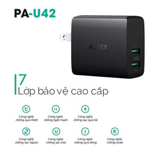 Sạc aukey aipower 2 cổng 24w - pa u42 usb a - công nghệ tự điều chỉnh điện áp cho phù hợp tiêu chuẩn của thiết bị