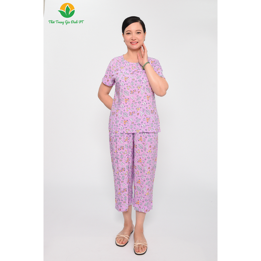 Bộ mặc nhà trung niên hè thời trang gia đình Việt Thắng, quần lửng, áo ngắn tay, chất Lanh thoáng mát B06.2315