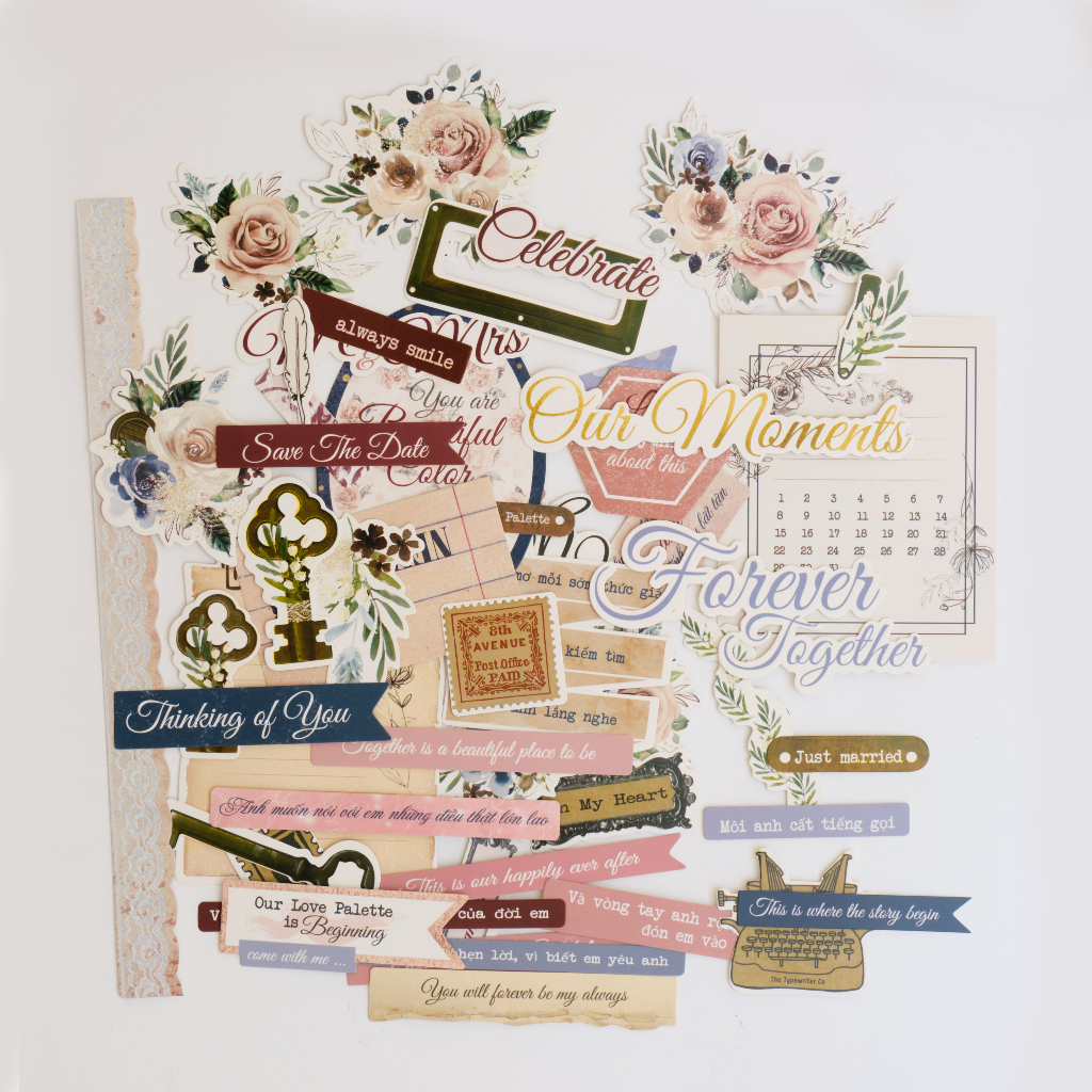 Bộ 55 sticker (hình cắt viền) dùng trang trí sổ, khung ảnh, album_ Love Palette