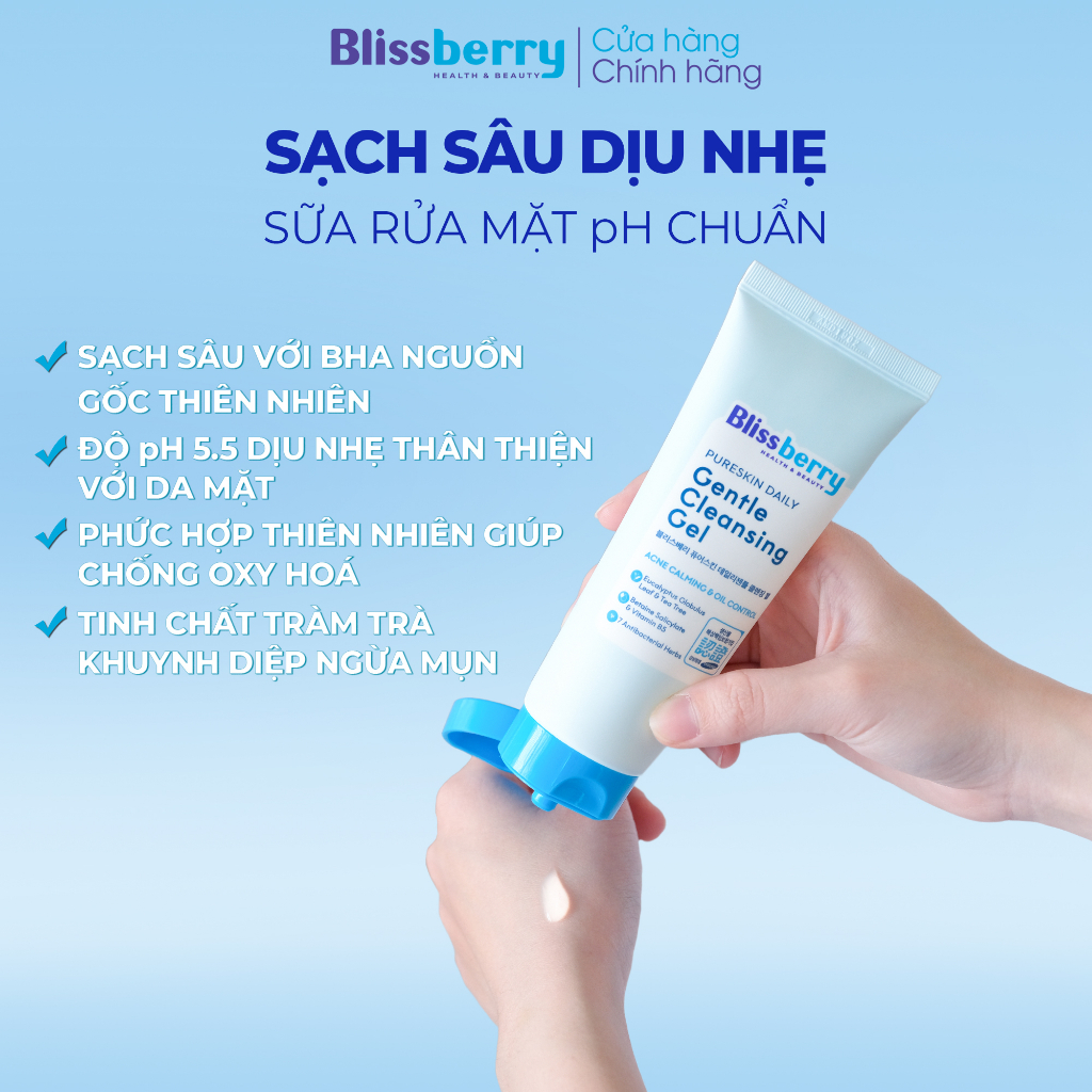 Sữa rửa mặt dịu nhẹ sạch sâu giảm mụn Blissberry Daily Gentle Cleansing Gel 100ml